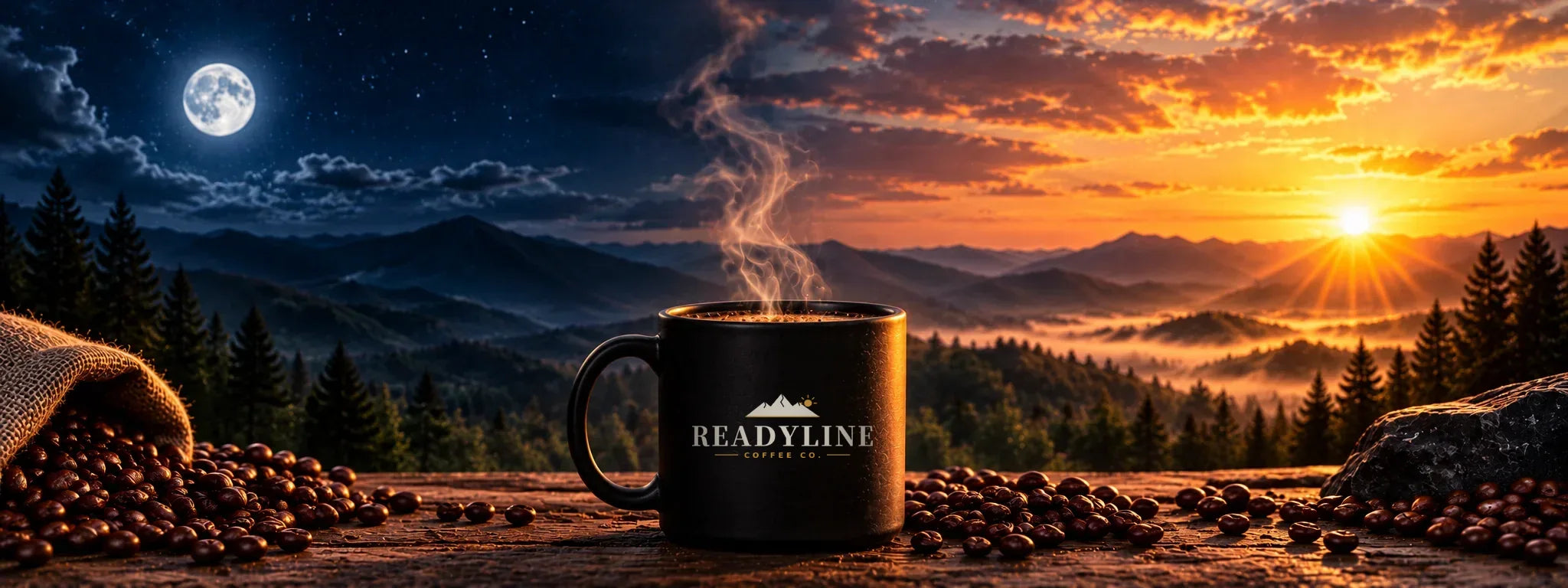 Steaming black mug on coffee beans, with a moonlit night sky on one side and a mountain sunrise on the other